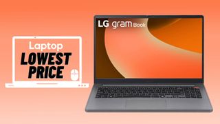 Gray LG gram Book against peach gradient background.