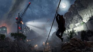 The protagonist ziplining down a cliff during a rain storm in Sniper Elite Resistance