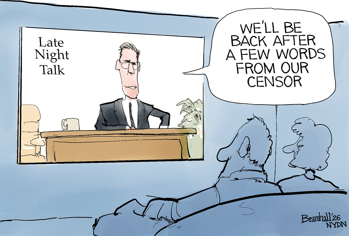 A woman and man watch TV from their couch. A man behind a talk-show style desk on a show called &amp;ldquo;Late Night Talk&amp;rdquo; slightly resembles Stephen Colbert. He says, &amp;ldquo;We&amp;rsquo;ll be back after a few words from our censor.&amp;rdquo;