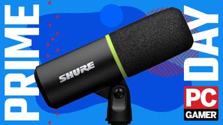 A close up of the Shure MV6 USB microphone, seen in the funky PCG Prime Day deal void.