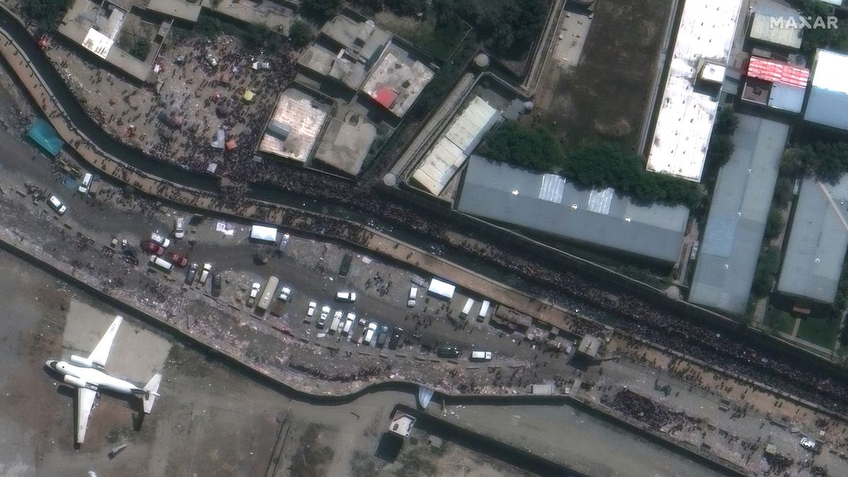 A closer view of the crowds near Abbey Gate at Hamid Karzai International Airport in Kabul, Afghanistan, in this satellite image taken on Aug. 23, 2021.