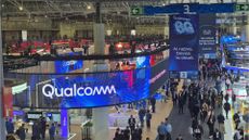 Qualcomm logo and branding pictured at the company's exhibitor stall at MWC 2026 in Barcelona, Spain.