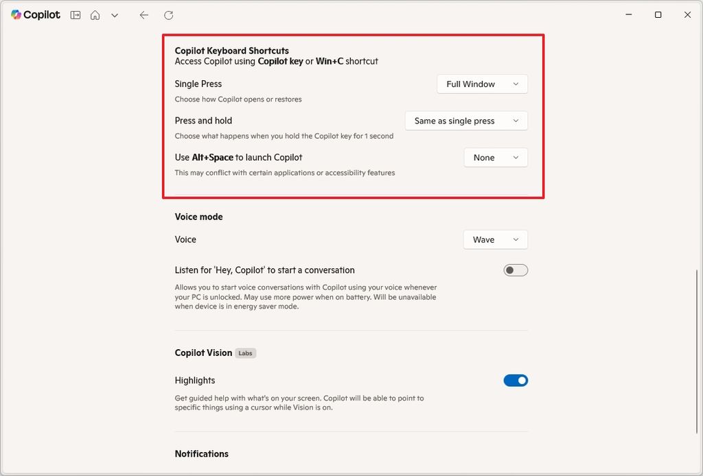 Copilot shortcut settings
