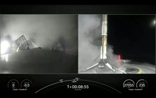 The first stage of a SpaceX rocket sits on the deck of a drone ship shortly after launching 52 Starlink internet satellites on Aug. 9, 2022.