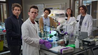 Rob Lowe, John Owen Lowe, Aaron Branch, Rachel Marsh and Emma Ferreira in a lab in Unstable