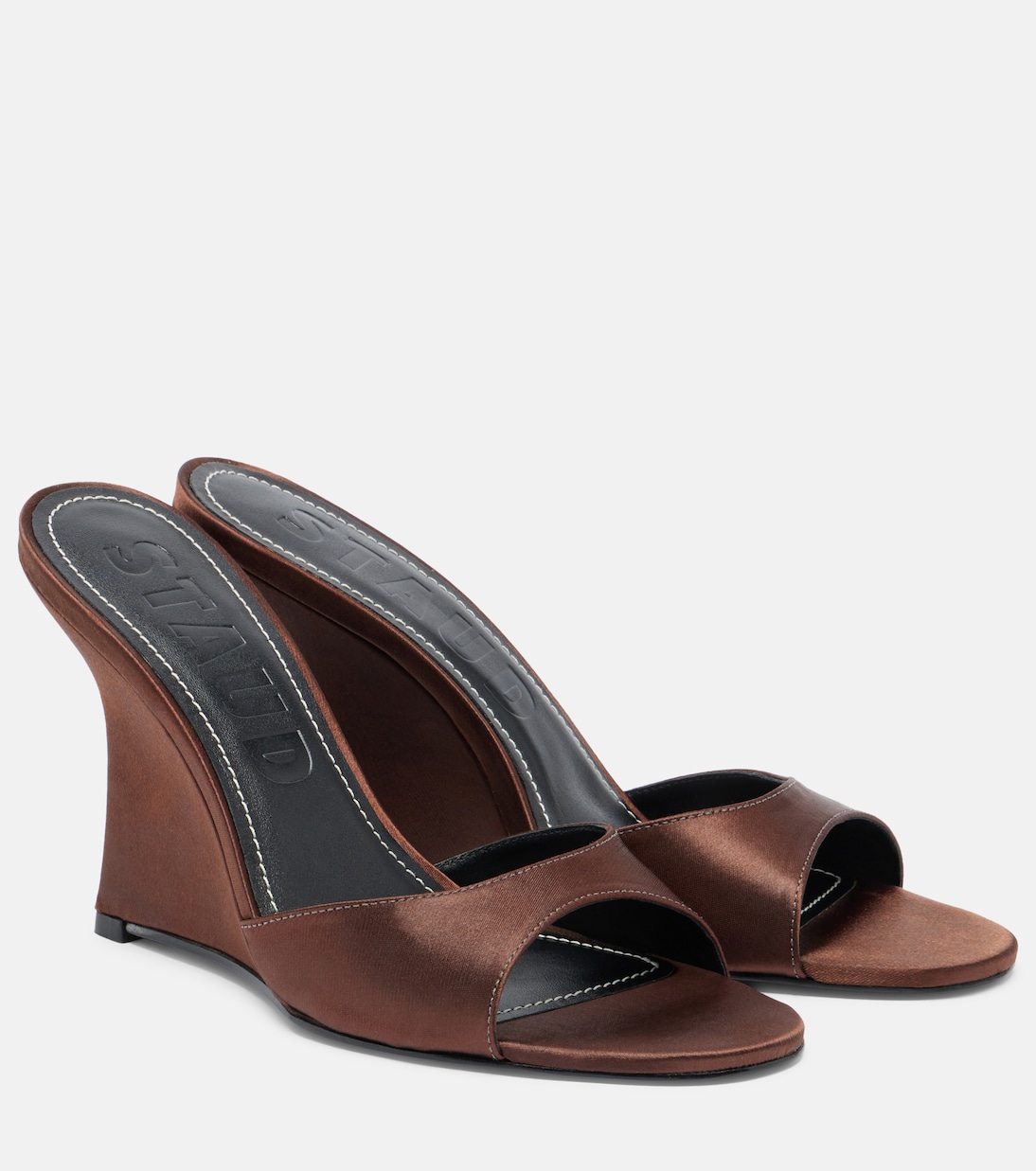 Brigitte Satin Wedge Mules in Brown - Staud