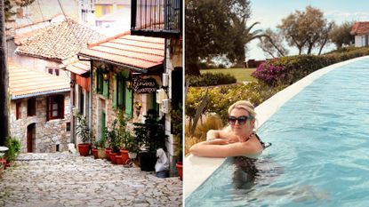 A cobbled street in Afytos - and an image of the infinity pool at Sani club