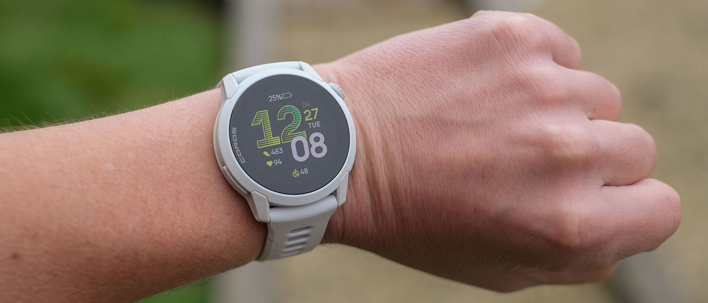 A close-up picture of our reviewer wearing the Coros Pace 4 watch