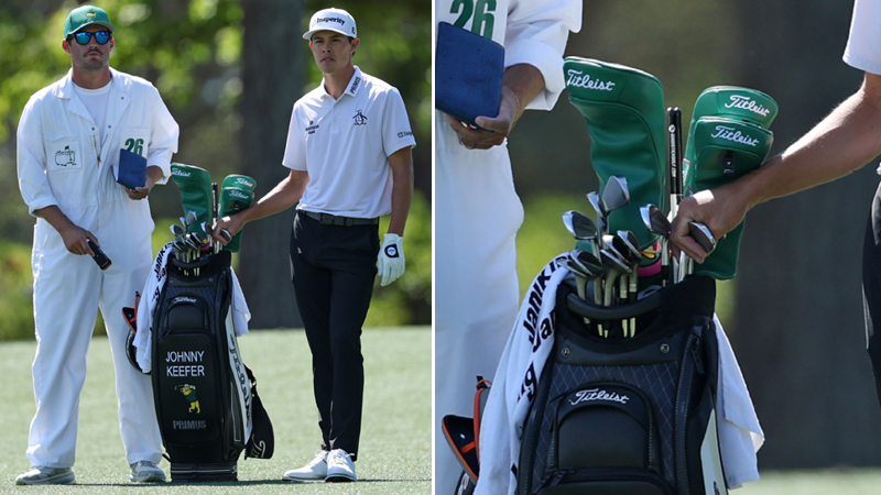 Johnny Keefer stands by his bag with his caddie, with a close-up of it