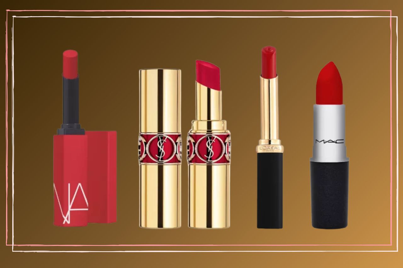 a colage showing red lipstick shades by Nars, L&#039;Oreal, Yves Saint Laurent and MAC