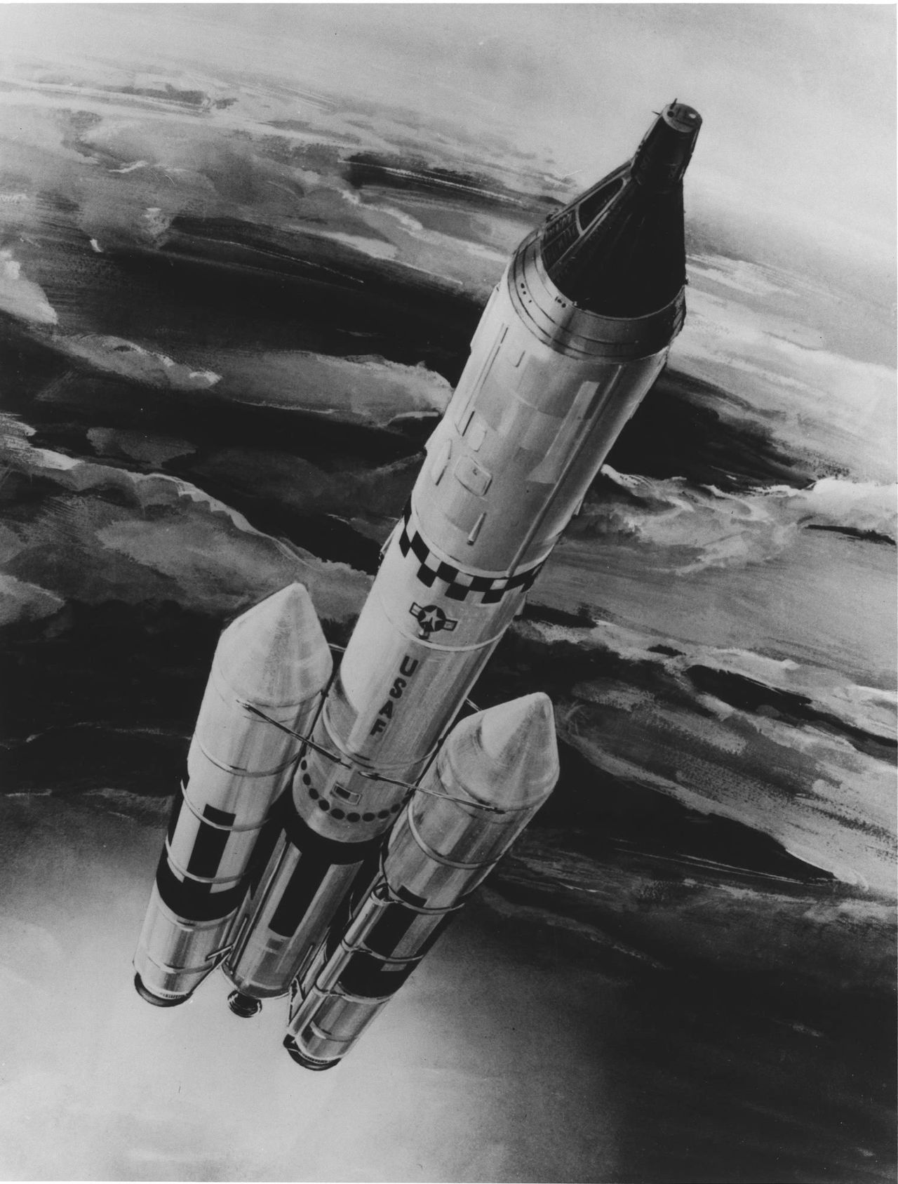 Artist's concept of the Gemini-B spacecraft atop the Manned Orbiting Laboratory being launched into orbit on a&nbsp;Titan&nbsp;III-M launch vehicle.