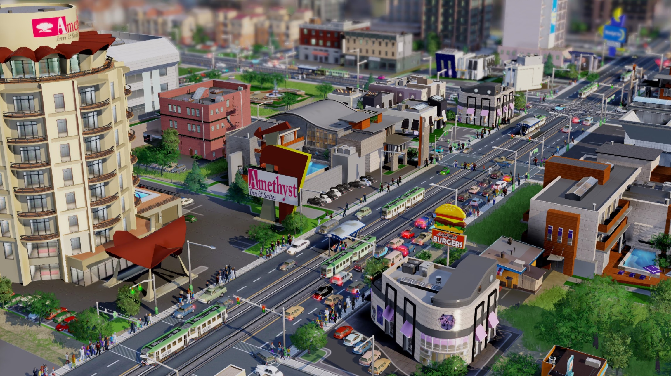 A street with trams in SimCity