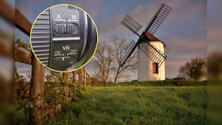 A windmill and a roundel with a lens's image stabilization and focus switch