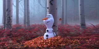 Olaf trekking through an enchanted forest