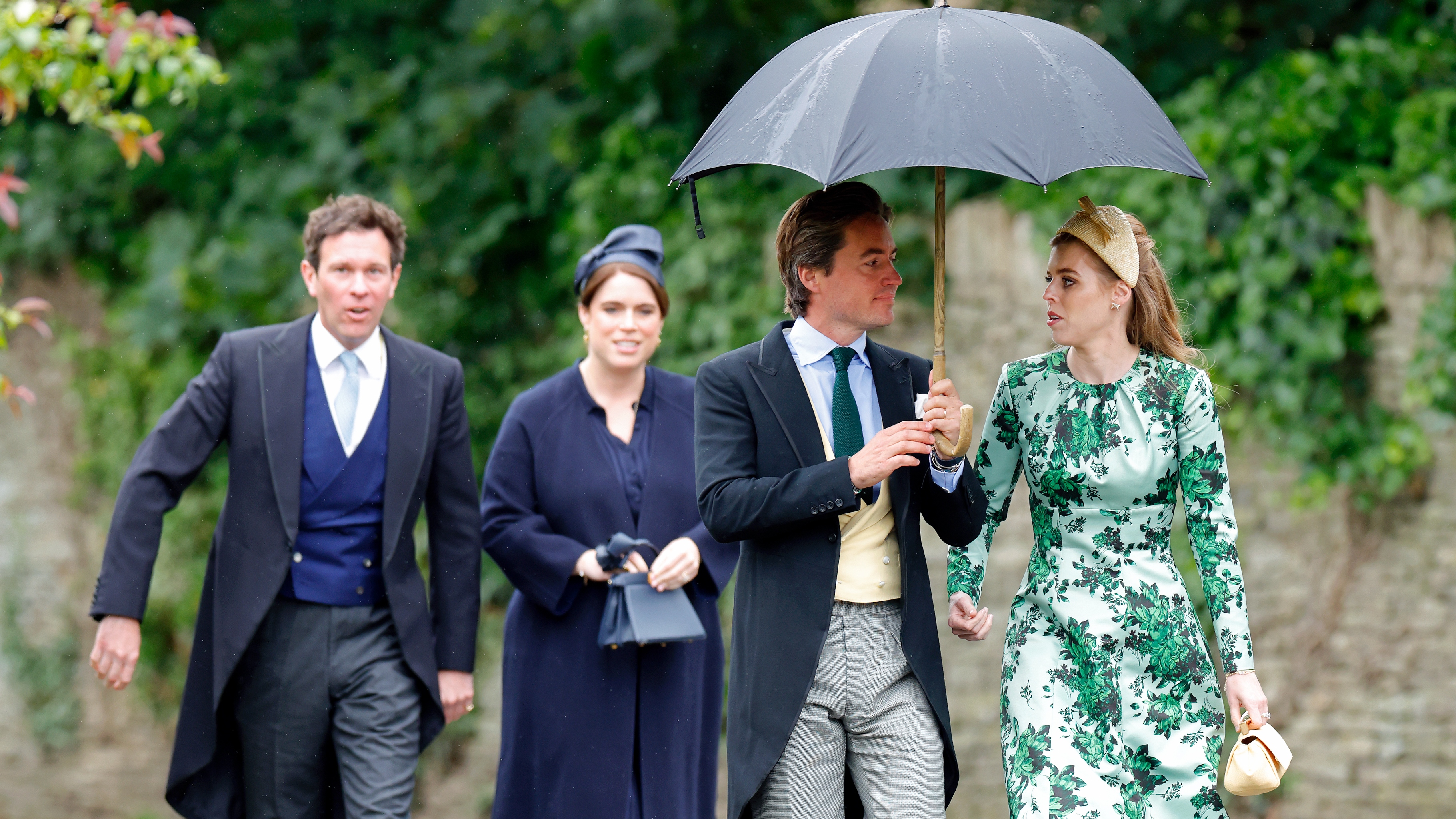 Jack Brooksbank, Princess Eugenie, Edoardo Mapelli Mozzi and Princess Beatrice attend the wedding of Peter Phillips and Harriet Sperling at All Saints' Church on June 6, 2026
