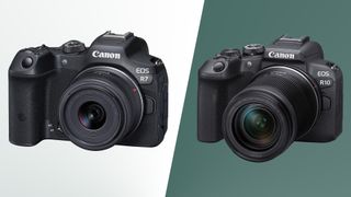 Canon EOS R10 and Canon EOS R7 DSLR cameras on green backgrounds