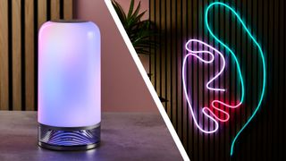 The image is split into two parts. The left side shows the Govee Table Lamp 2 lit up in pastel colours, and the right shows the Govee Neon Rope Light 2 in the shape of a woman's face.