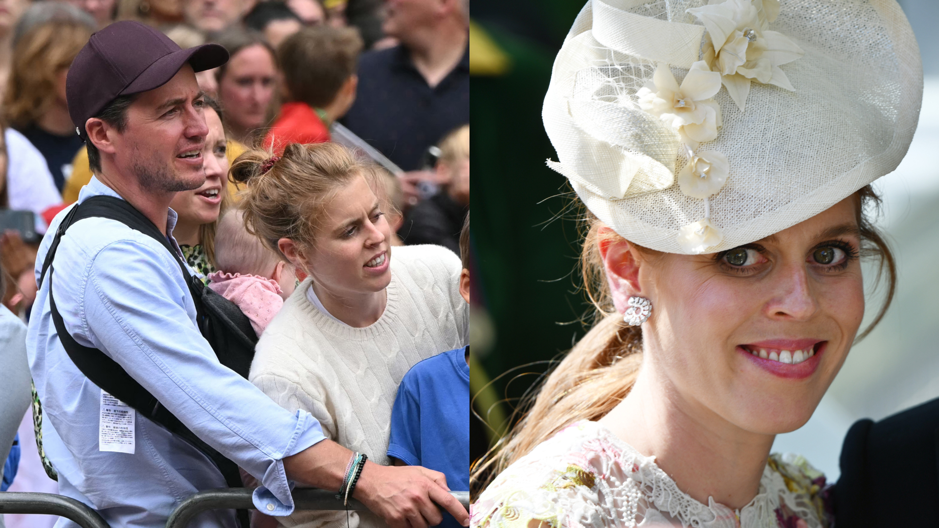 Edoardo Mapelli Mozzi holding baby Athena next to Princess Beatrice; Princess Beatrice wearing a white hat and smiling