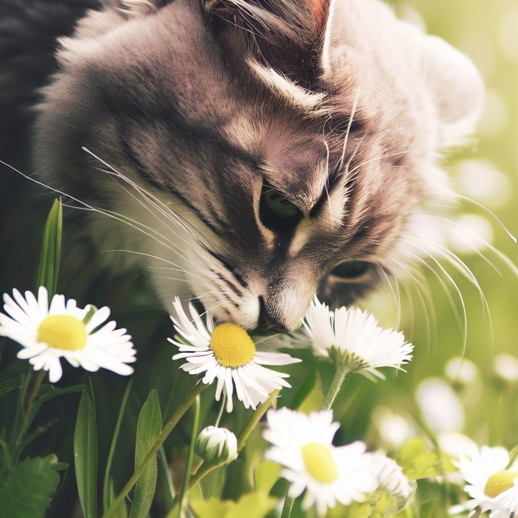 AI generated image of cat picking daisies.