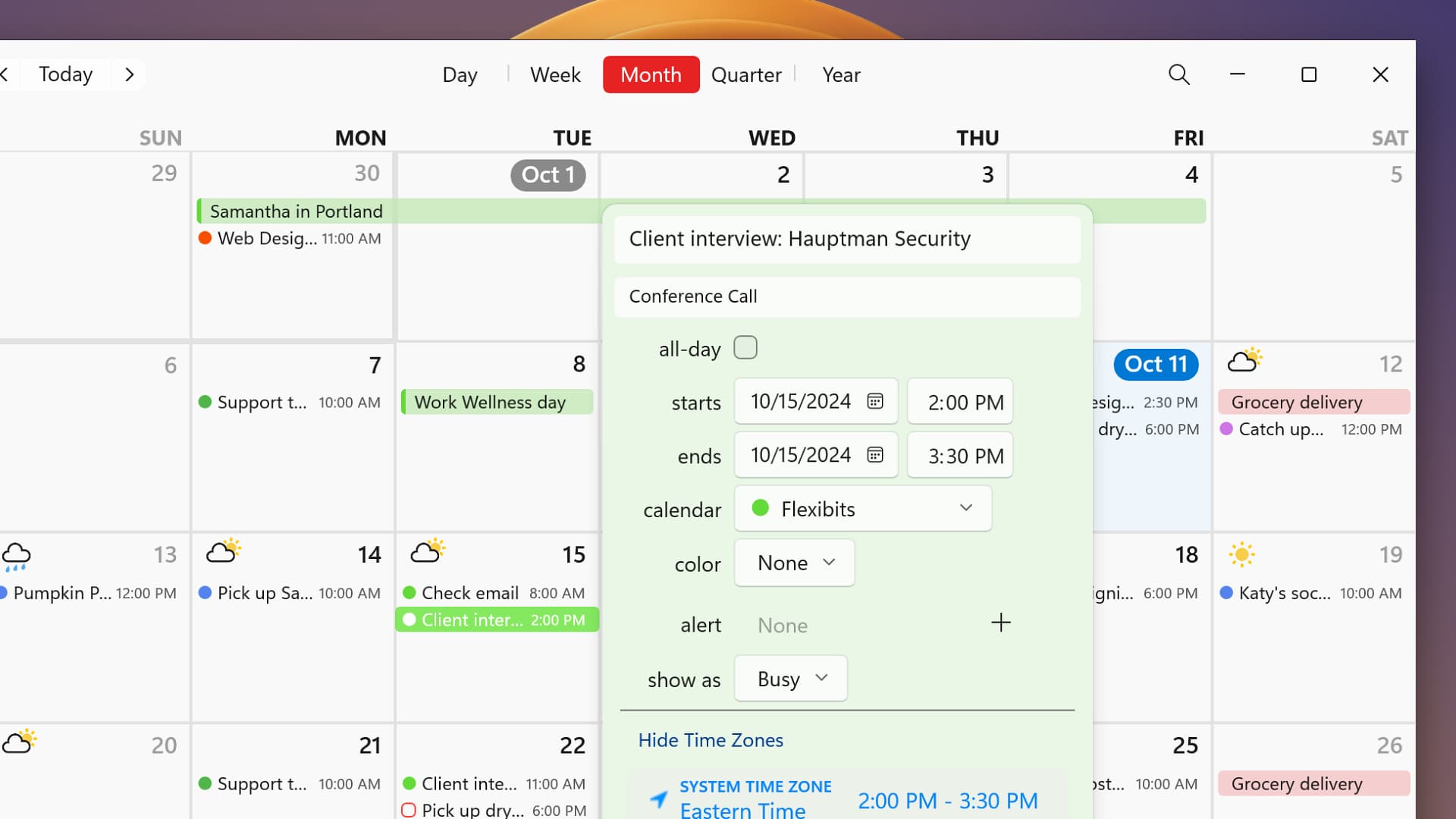 The Fantastical calendar app running on Windows.