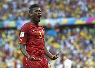 Asamoah Gyan of Ghana celebrates scoring his team's second goal during the 2014 FIFA World Cup Brazil Group G match between Germany and Ghana at Castelao on June 21, 2014 in Fortaleza, Brazil.