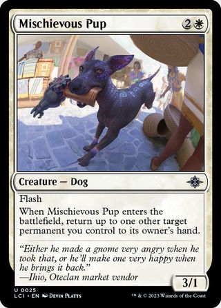 A dog runs through a market with a mechanical arm in its mouth in this Lost Caverns of Ixalan card