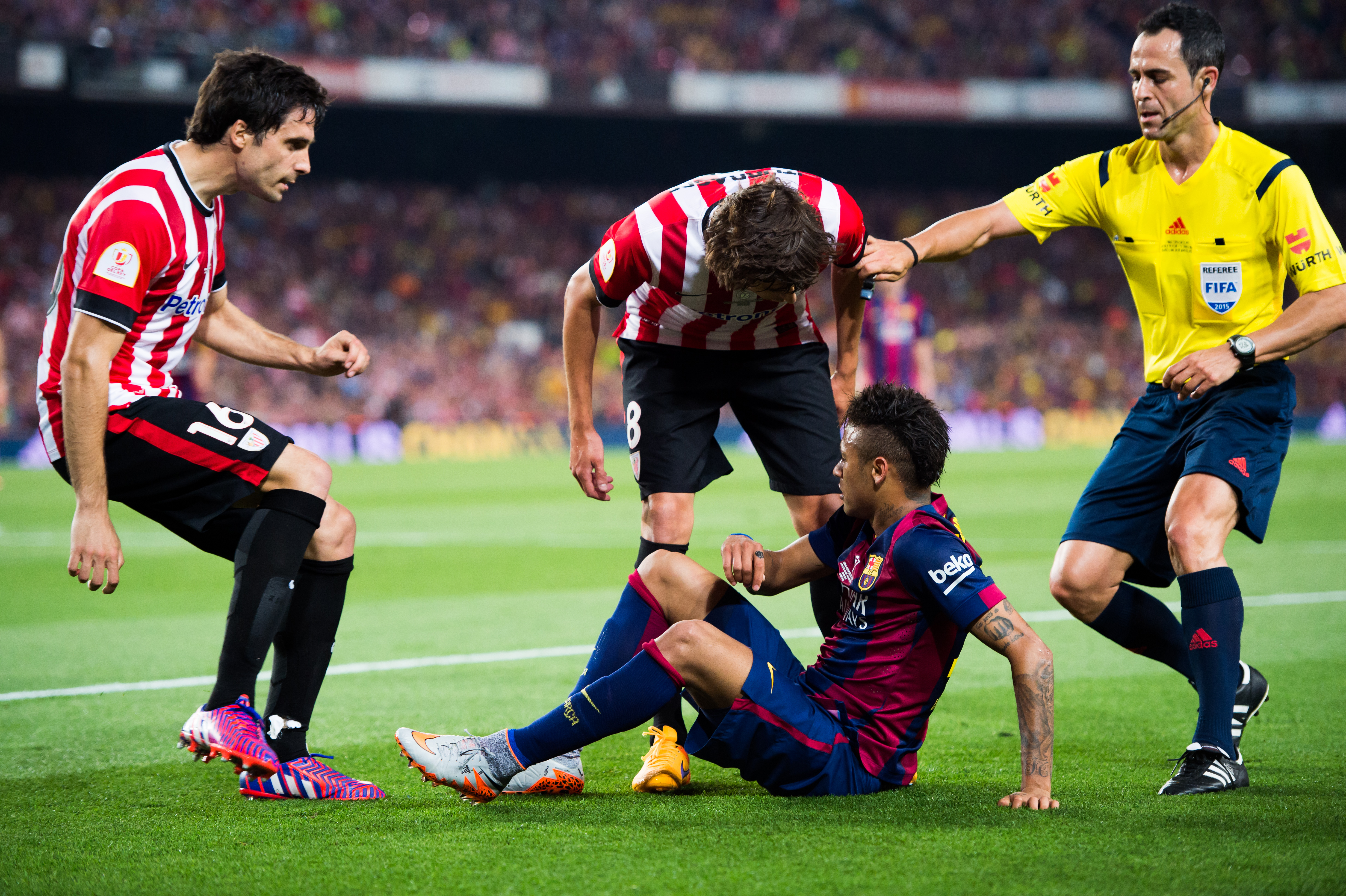 Athletic Club players rage at Neymar after the Barcelona forward's attempted rainbow flick in the 2015 Copa del Rey final at Camp Nou.