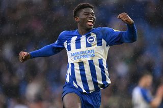 Brighton Hove Albion player Carlos Baleba after scoring for Brighton against Nottingham Forest
