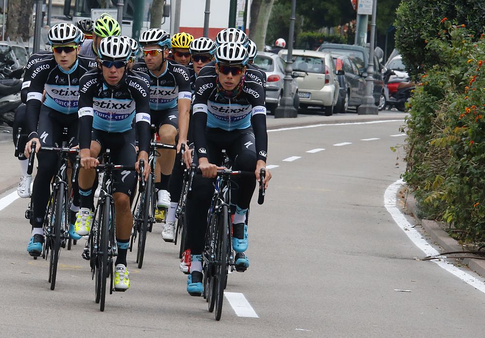 Rigoberto Uran and his Etixx-QuickStep team ride the team time trial course