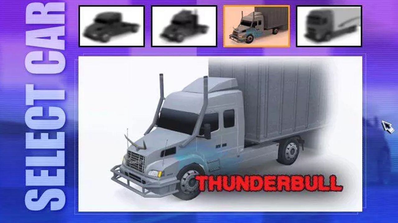 Big Rigs truck selection screen, showing the "Thunderbull" semi trailer
