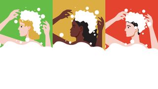 Illustration of three people washing their hair with bubbles