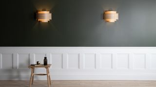 grey walls with white wood panelling and two pendant lights