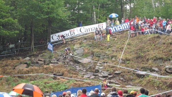 Thick crowds gathered to watch riders handle a sketchy rock drop at Worlds.