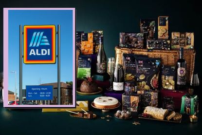 Aldi sign, split photo design with Aldi Christmas hamper 2022