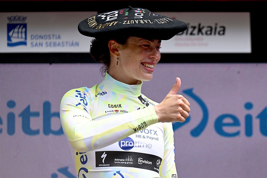 SAN SEBASTIAN, SPAIN - MAY 17: Mischa Bredewold of Netherlands and Team SD Worx - Protime - Yellow Leader Jersey celebrates at podium with the &amp;quot; Txapela Trophy&amp;quot; as overall race winner during the 5th Itzulia Women 2026, Stage 3 a 131.1km stage from San Sebastian to San Sebastian / #UCIWWT / on May 17, 2026 in San Sebastian, Spain. (Photo by Szymon Gruchalski/Getty Images)