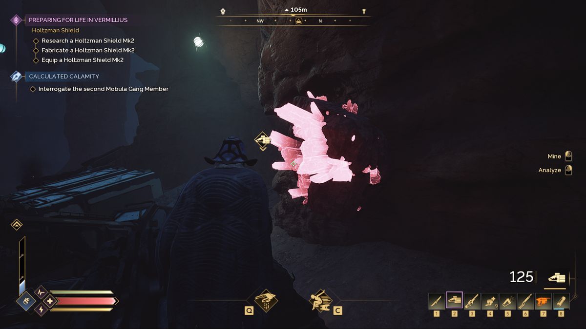 Dune: Awakening erythrite crystals - A clump of erythrite crystal in the rocks of a cave wall.