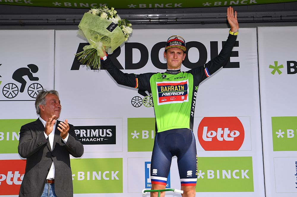 Matej Mohoric of Slovenia and Team Bahrain - Merida Green Leader Jersey Celebration at BinckBank Tour after stage 4