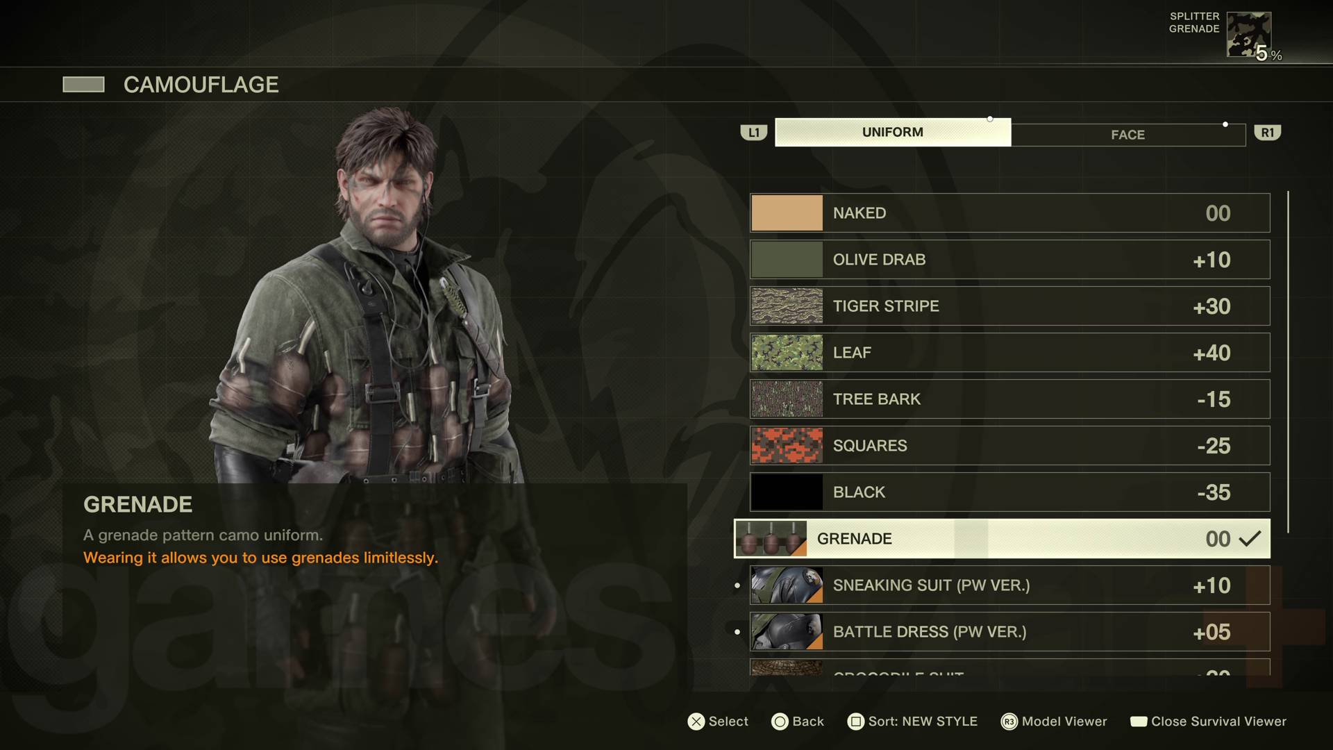 Metal Gear Solid Delta new game question grenade uniform