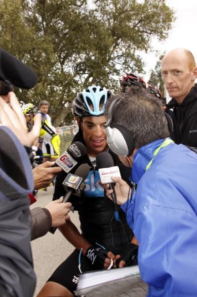 Richie Porte (Sky) is interviewed after winning stage 3.