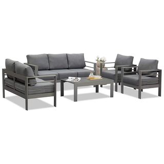 Superjoe 5 Pcs Outdoor Aluminum Furniture - a gray loveseat, armchairs, sofa and coffee table set