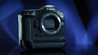 Canon EOS R3 against a deep blue background with stylized lighting