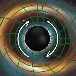 An illustration showing a rotation supermassive black hole surrounded by the debris of a dead star and dragging spacetime (green grid) along with it