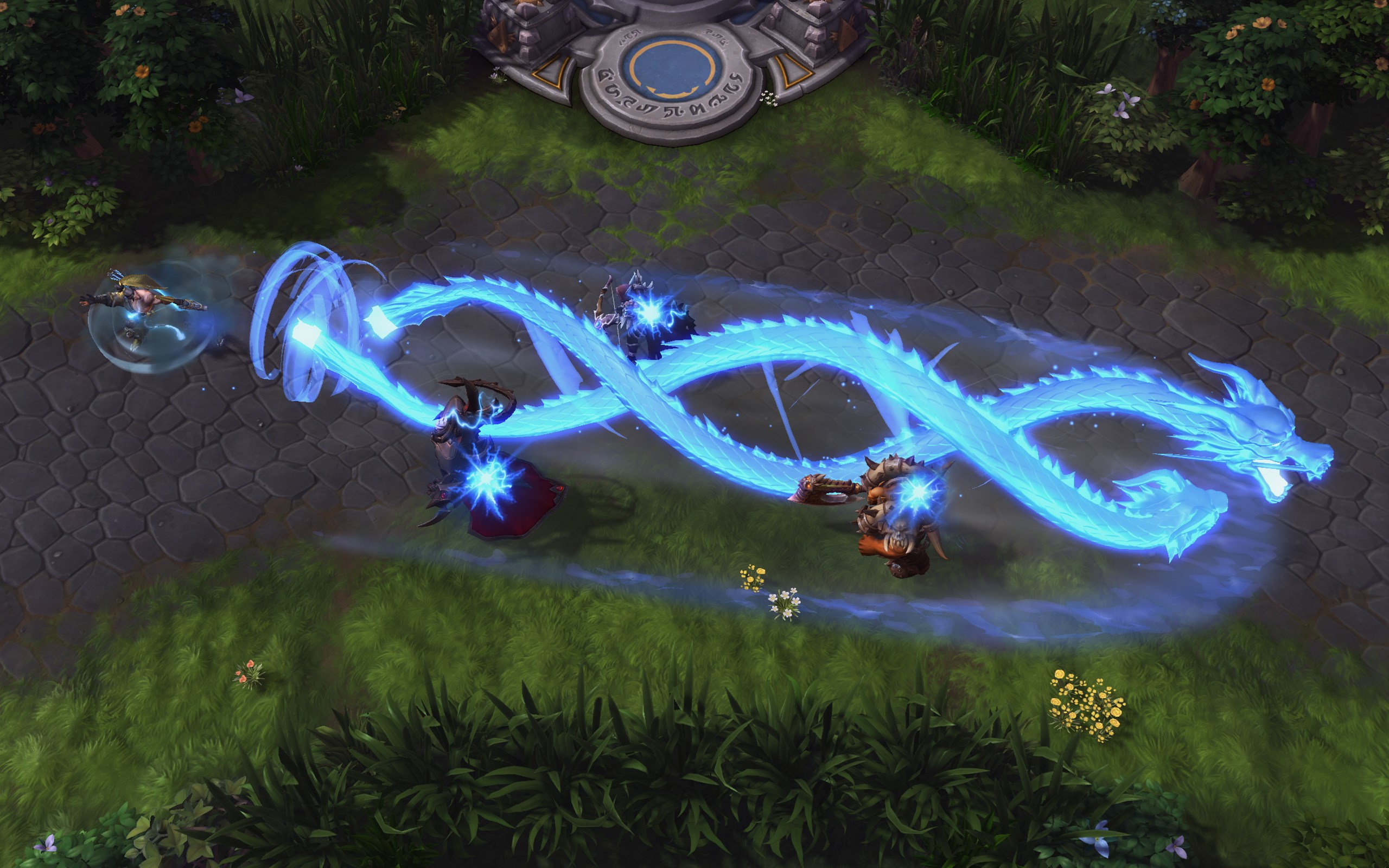 The hero Hanzo firing his arrow ultimate across the arena at three targets in Heroes of the Storm