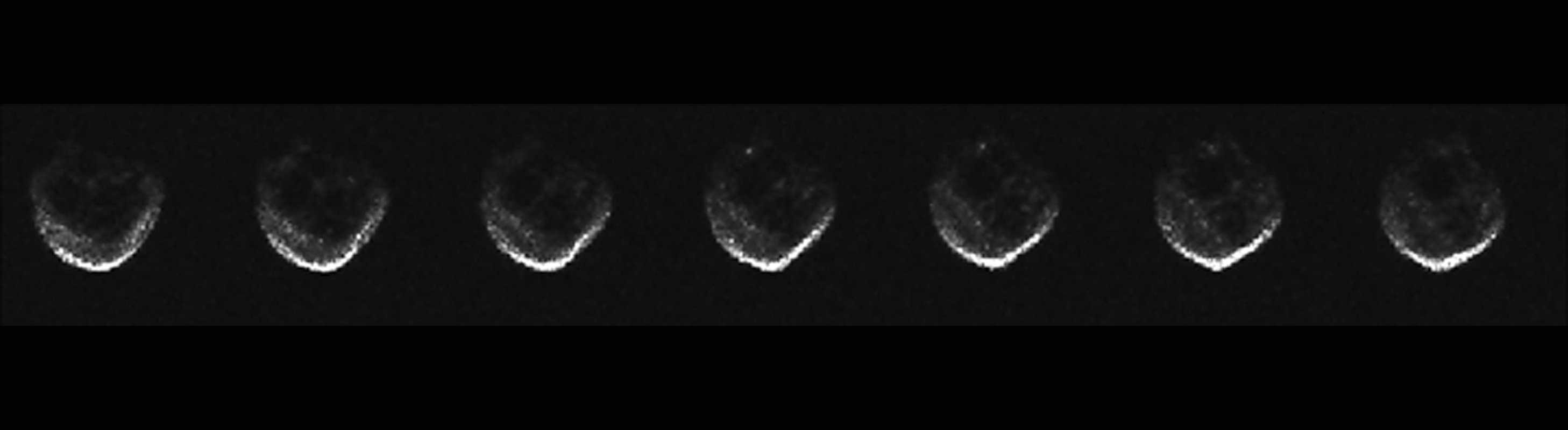 This series of radar images of the asteroid 2015 TB145 were captured by the Arecibo Observatory in Puerto Rico. They show views of the so-called Halloween asteroid as it rotated during a 40-minute observation ahead of its Oct. 31, 2015 flyby of Earth.