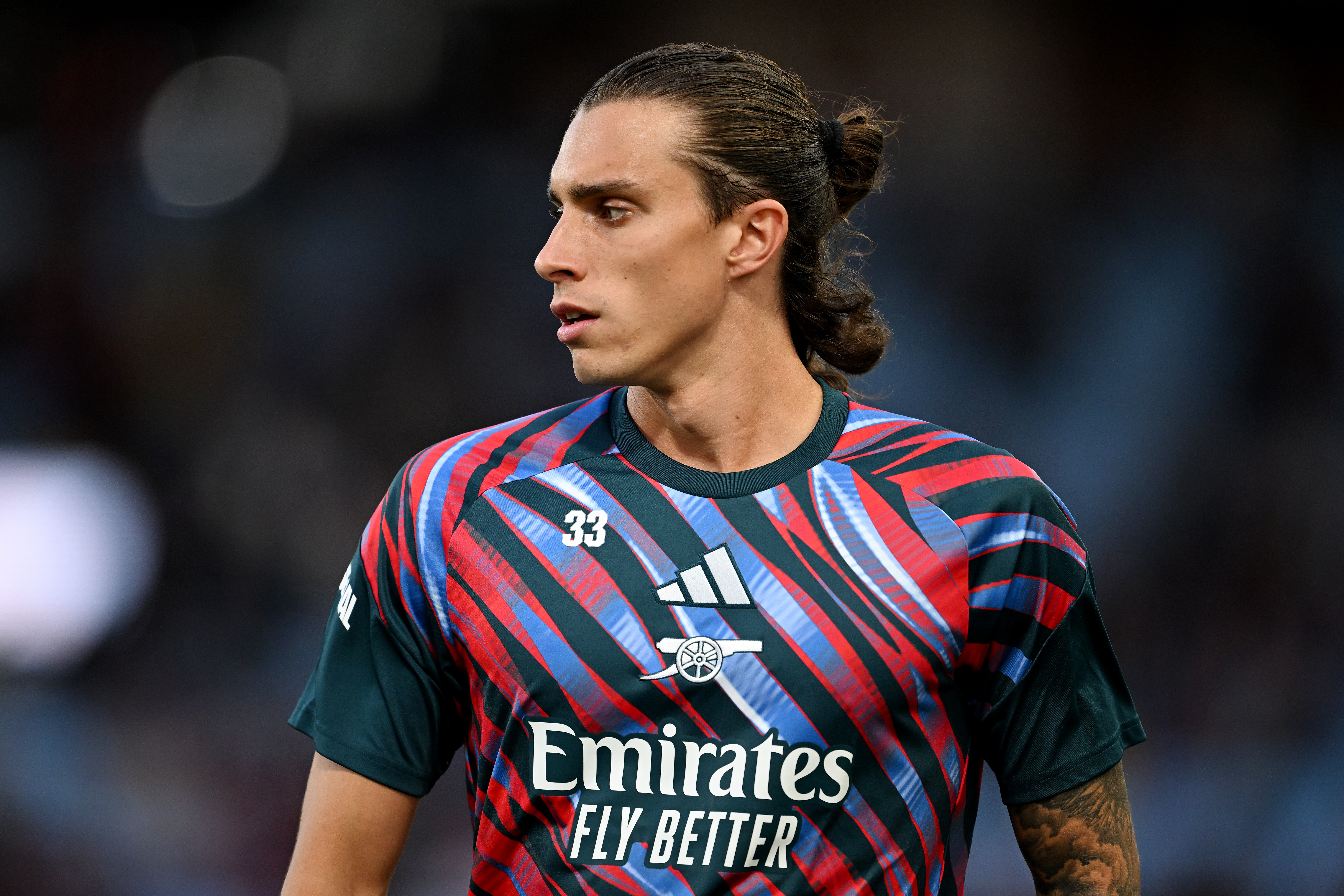 BIRMINGHAM, ENGLAND - AUGUST 31: Riccardo Calafiori of Arsenal looks on during the warm up before during the Premier League 2026/27 match between Aston Villa FC and Arsenal FC at Villa Park on August 31, 2026 in Birmingham, England. (Photo by David Price/Arsenal FC via Getty Images)