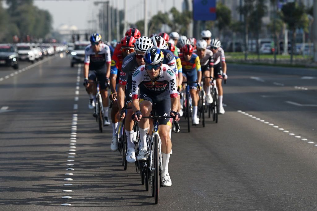 ABU DHABI UNITED ARAB EMIRATES FEBRUARY 22 Anton Palzer of Germany and Team Red Bull Bora Hansgrohe leads the peloton during the 7th UAE Tour 2025 Stage 6 a 165km stage from Abu Dhabi Cycling Club to Abu Dhabi Breakwater UCIWWT on February 22 2025 in Abu Dhabi United Arab Emirates Photo by Dario BelingheriGetty Images