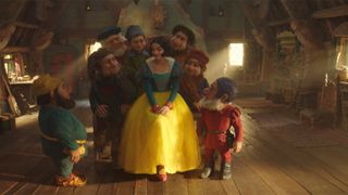 Screenshot of the upcoming Snow White remake depicting Snow White and the even dwarfs 