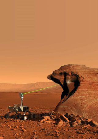Curiosity's ChemCam instrument can vaporize rocks from up to 30 feet (9 meters) away with a laser. Three spectrographs will analyze the composition of the vaporized bits.