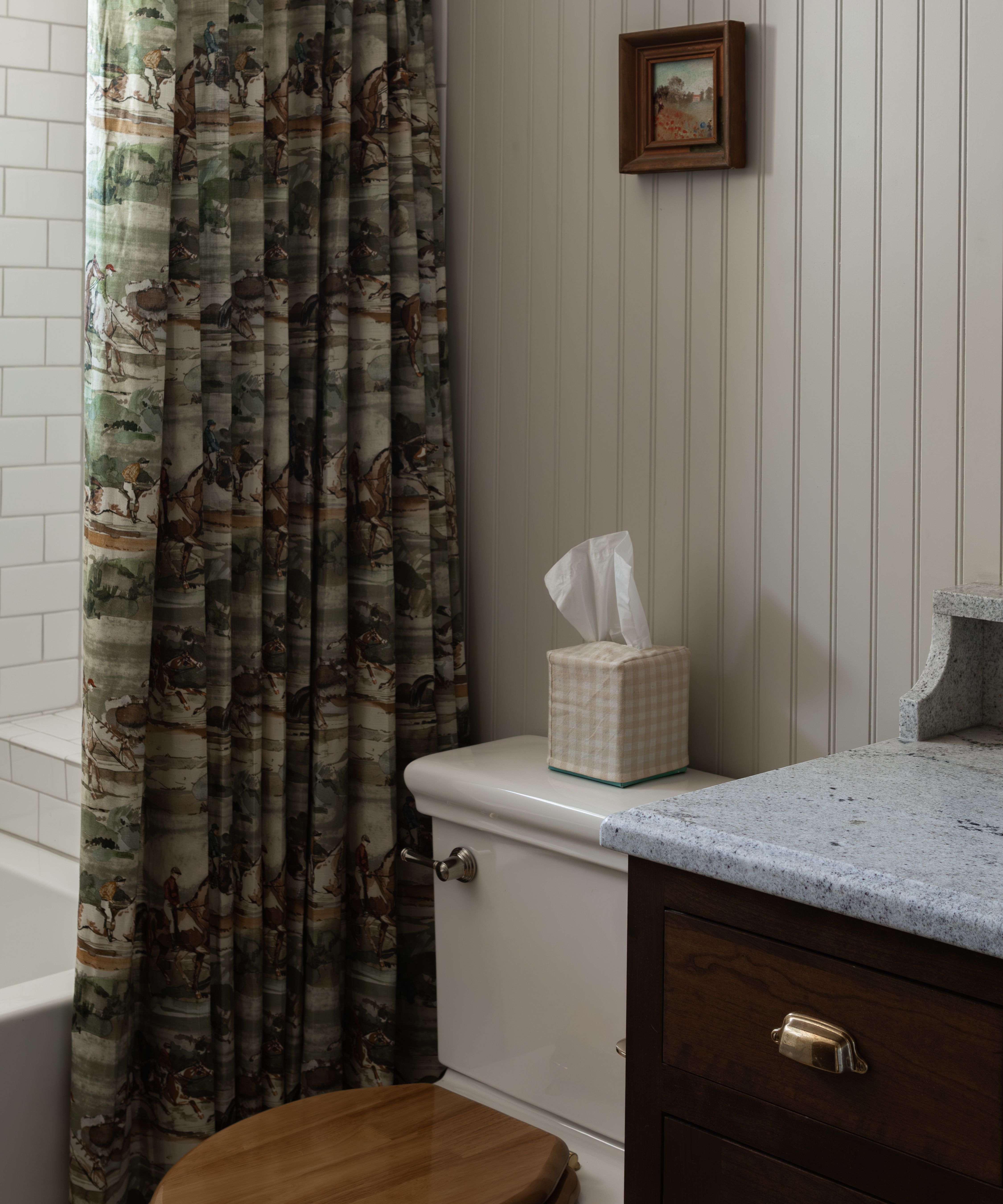 a paneled bathroom with a shower curtain made up a traditional horse racing fabric repeat