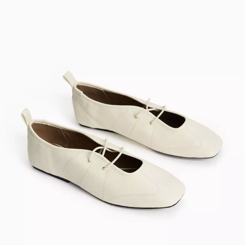 Cream Sporty Style Laced Ballerina Shoes cut out